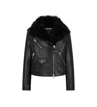 Asymmetrische Leder-Bikerjacke mit Lammfell
