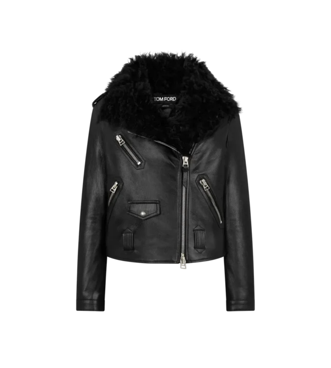 Asymmetrische Leder-Bikerjacke mit Lammfell