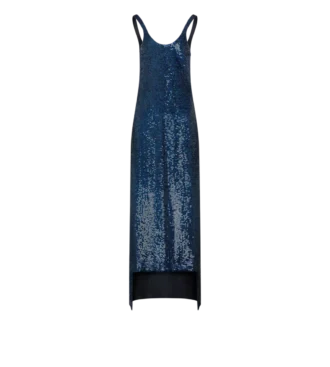 Asymmetrisches Abendkleid aus Seide mit Paillettenstickerei und ohne Ärmel