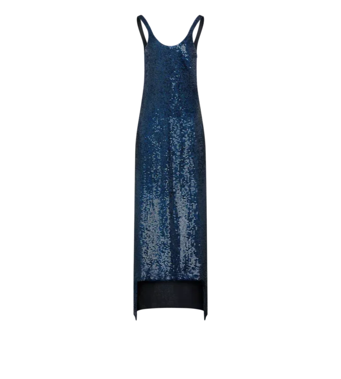 Asymmetrisches Abendkleid aus Seide mit Paillettenstickerei und ohne Ärmel Asymmetrisches Abendkleid aus Seide mit Paillettenstickerei und ohne Ärmel