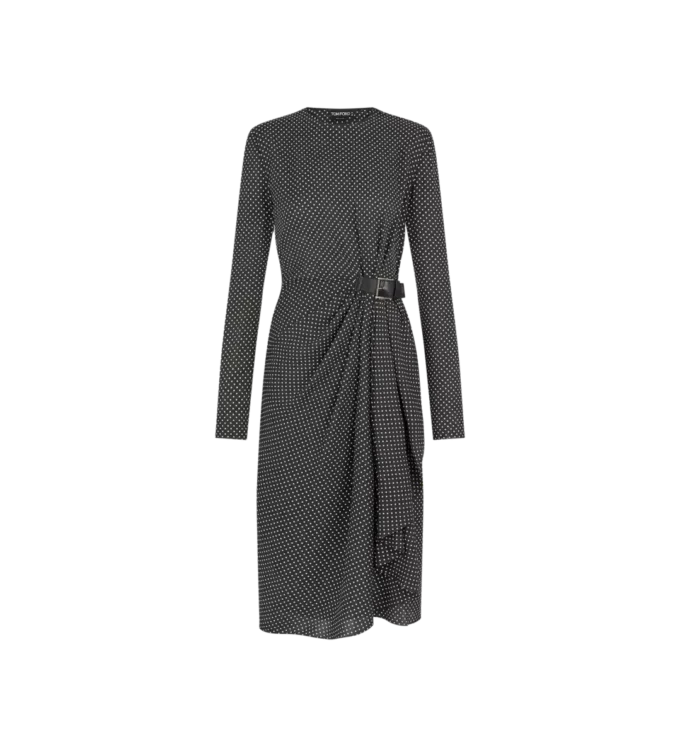 Bedrucktes Seidenkleid mit langen Ärmeln und Lederdetails Bedrucktes Seidenkleid mit langen Ärmeln und Lederdetails