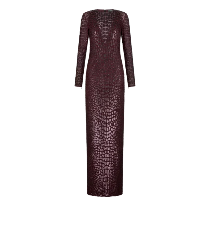 Besticktes Abendkleid mit Langarm und Krokodileffekt Besticktes Abendkleid mit Langarm und Krokodileffekt