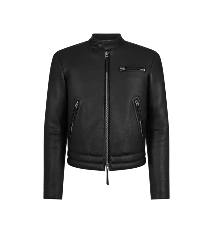 Bikerjacke aus genarbtem Leder mit Reißverschluss
