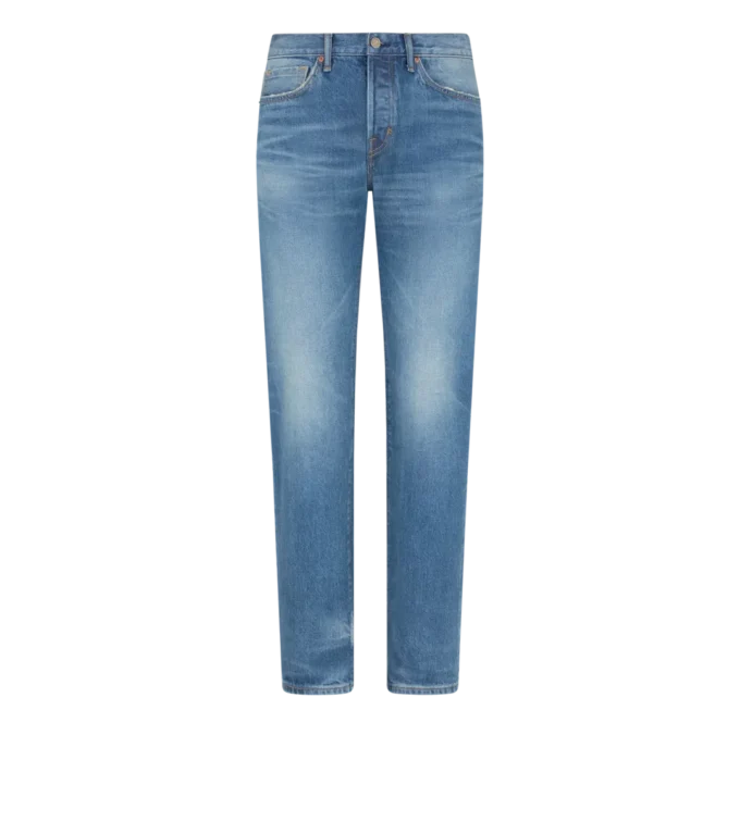 Blaue Stretch-Jeans mit geradem Schnitt und Webkante