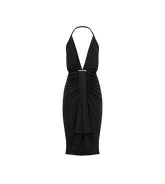 Cocktailkleid mit V-Ausschnitt und drapiertem Wasserfall-Detail vorne in der Mitte