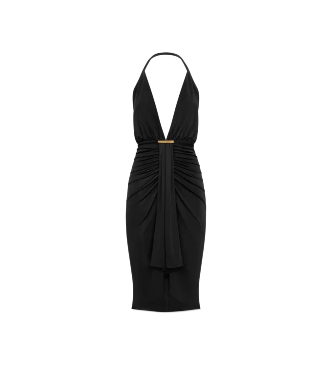 Cocktailkleid mit V-Ausschnitt und drapiertem Wasserfall-Detail vorne in der Mitte Cocktailkleid mit V-Ausschnitt und drapiertem Wasserfall-Detail vorne in der Mitte