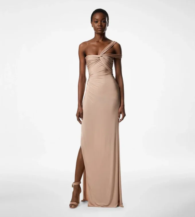 Ein-Schulter-Abendkleid mit gedrehter Vorderseite Ein-Schulter-Abendkleid mit gedrehter Vorderseite