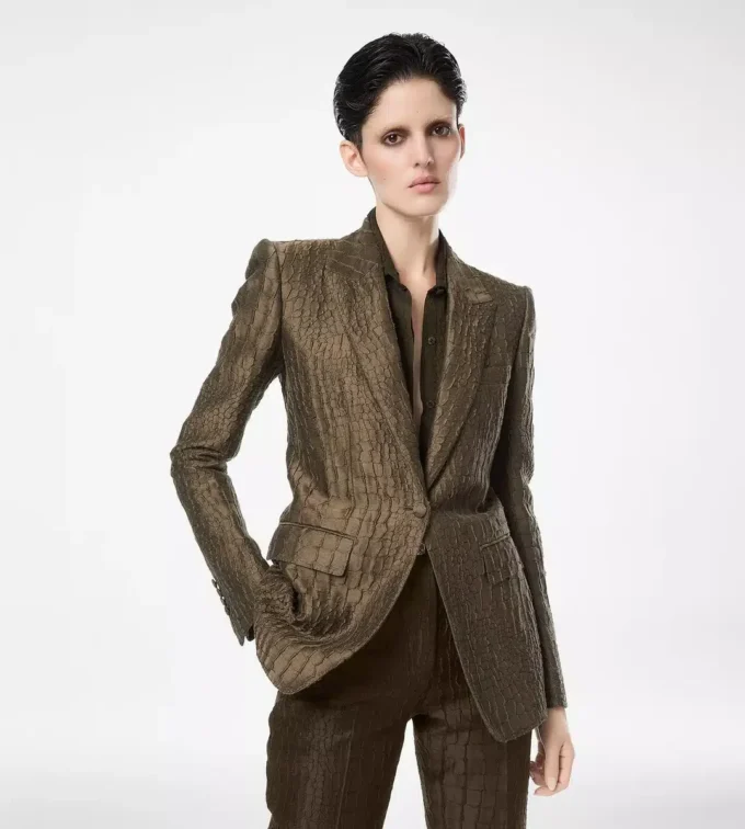 Einreihige Jacke mit Kragen und Krokodil-Jacquard Einreihige Jacke mit Kragen und Krokodil-Jacquard