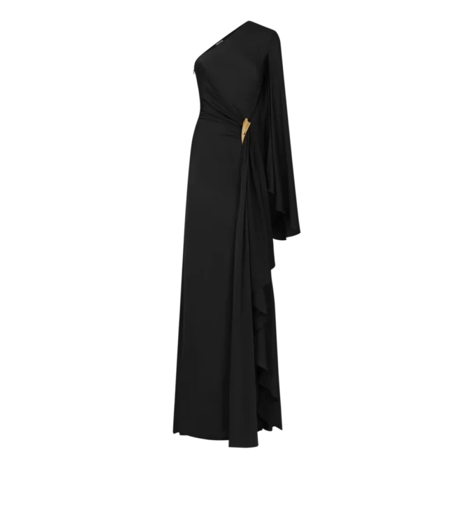 Einseitiges Abendkleid mit Cape und Liza-Hardware-Details Einseitiges Abendkleid mit Cape und Liza-Hardware-Details