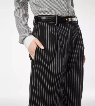 Gestreifte, lockere, plissierte, gerade Hose aus Wolle und Baumwolle