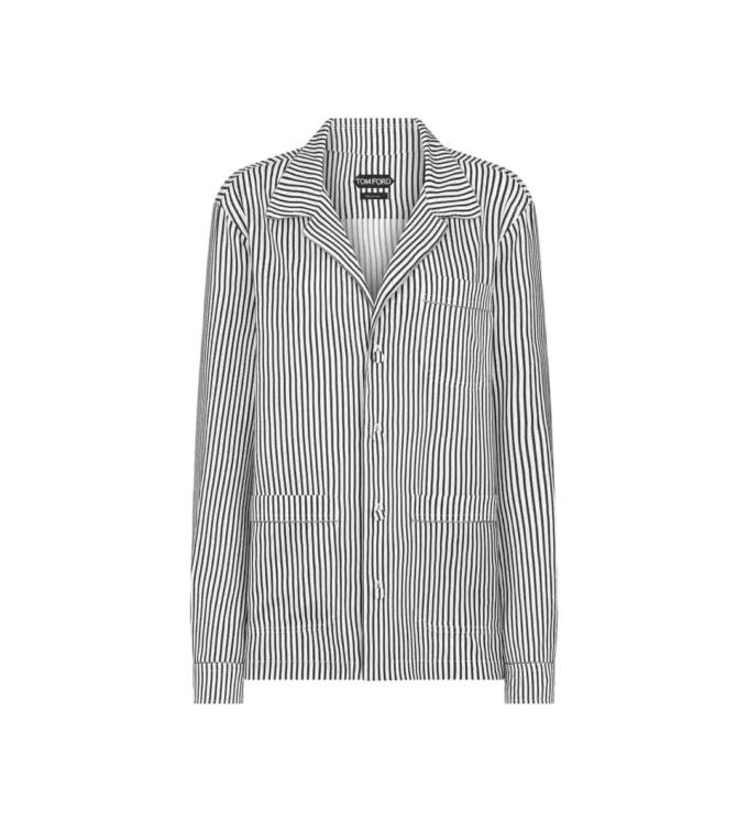 Gestreiftes Seiden-Pyjamahemd mit Paspelierung und tonalem TF-Sticklogo Gestreiftes Seiden-Pyjamahemd mit Paspelierung und tonalem TF-Sticklogo