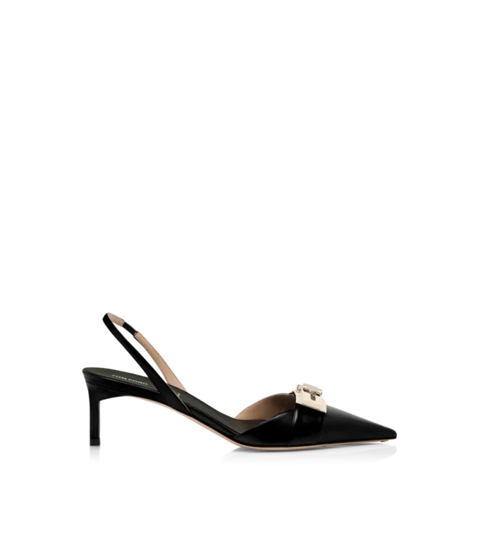Glänzende Leder-Slingback-Sandalen mit T-Verschluss Glänzende Leder-Slingback-Sandalen mit T-Verschluss