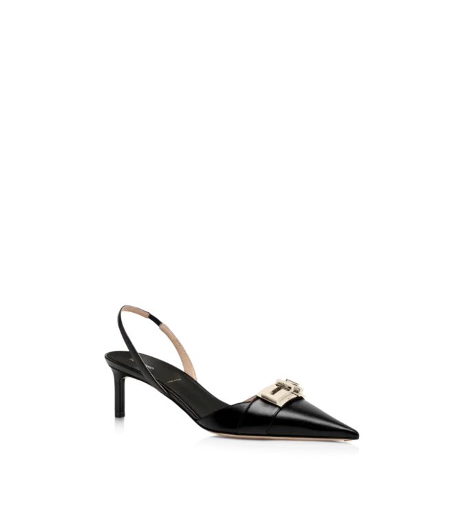 Glänzende Leder-Slingback-Sandalen mit T-Verschluss Glänzende Leder-Slingback-Sandalen mit T-Verschluss