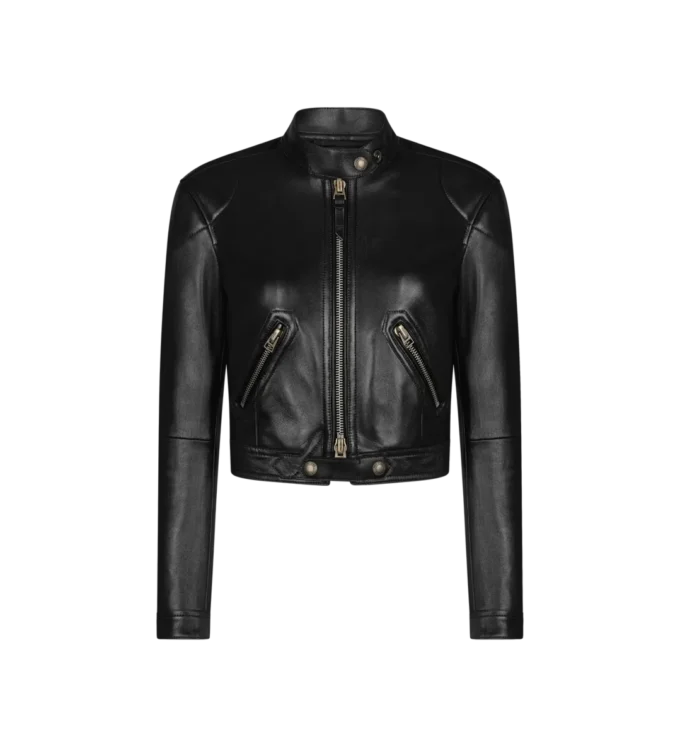 Glänzende Plonge-Lederjacke mit Reißverschluss
