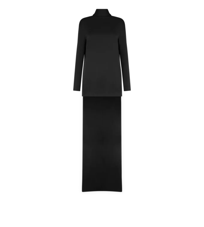 Glänzendes Cocktailkleid aus Crêpe mit Stehkragen Glänzendes Cocktailkleid aus Crêpe mit Stehkragen