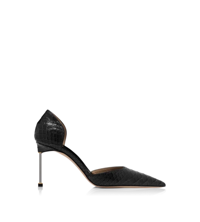 Halbglänzende Pumps mit Python-Print und Spire D’Orsay-Absatz