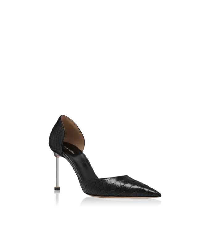 Halbglänzende Pumps mit Python-Print und Spire D’Orsay-Absatz