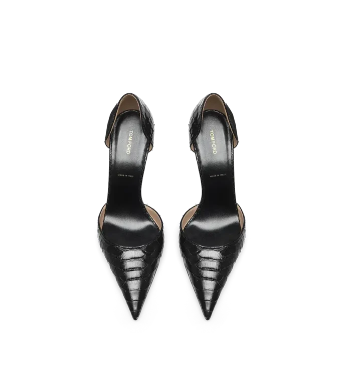 Halbglänzende Pumps mit Python-Print und Spire D’Orsay-Absatz