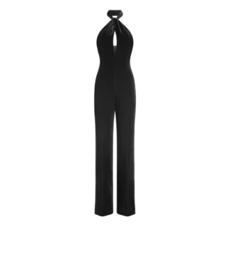 Halterneck-Jumpsuit aus Samt mit gedrehter Vorderseite