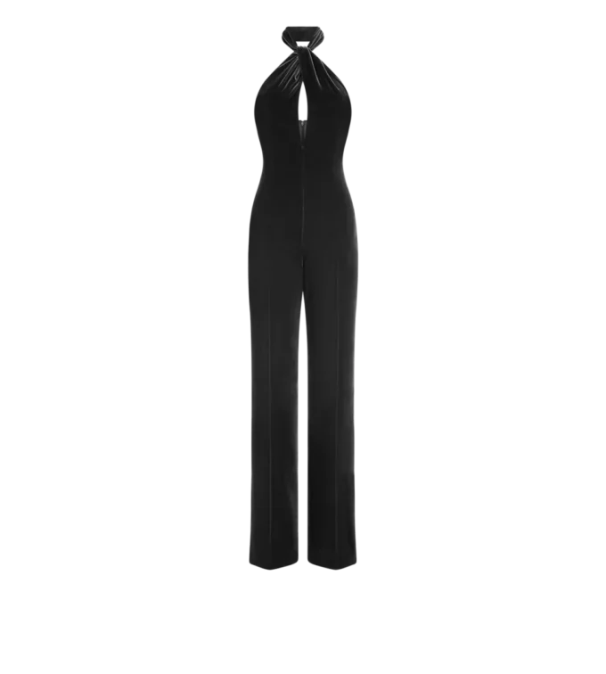 Halterneck-Jumpsuit aus Samt mit gedrehter Vorderseite Halterneck-Jumpsuit aus Samt mit gedrehter Vorderseite