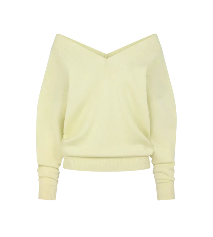 Kaschmir-Strickpullover mit V-Ausschnitt und schulterfreiem Design Kaschmir-Strickpullover mit V-Ausschnitt und schulterfreiem Design