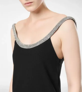 Kristallbesticktes, ärmelloses, asymmetrisches Cocktailkleid