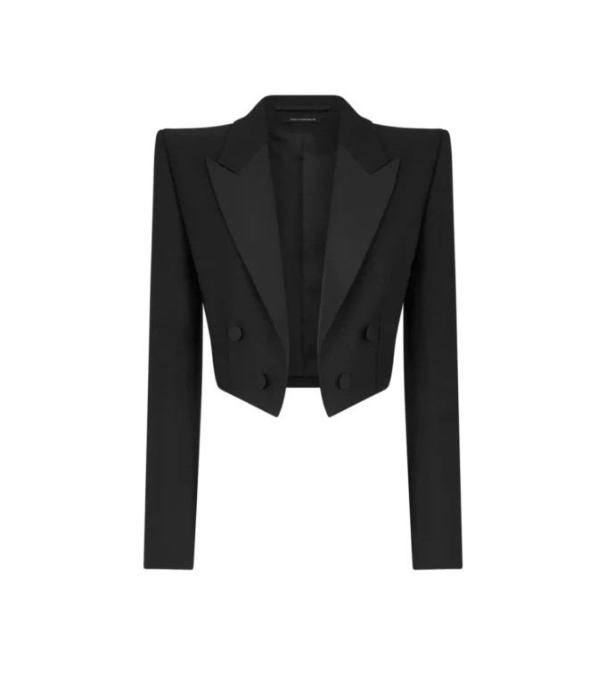 Kurze Smokingjacke aus Woll-Seiden-Mischung mit doppelter Knopfleiste Kurze Smokingjacke aus Woll-Seiden-Mischung mit doppelter Knopfleiste