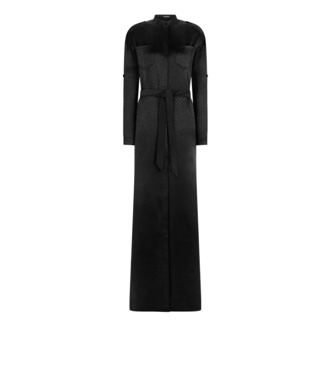 Langes Militärkleid mit Gürtel und Polka-Dot-Jacquardmuster Langes Militärkleid mit Gürtel und Polka-Dot-Jacquardmuster