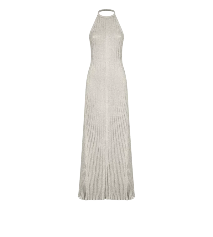 Langes Neckholder-Kleid mit offenem Rücken und Tom Ford Metallplakette Langes Neckholder-Kleid mit offenem Rücken und Tom Ford Metallplakette