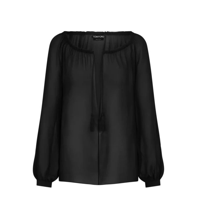 Langärmelige Seidenbluse mit Kordelzug