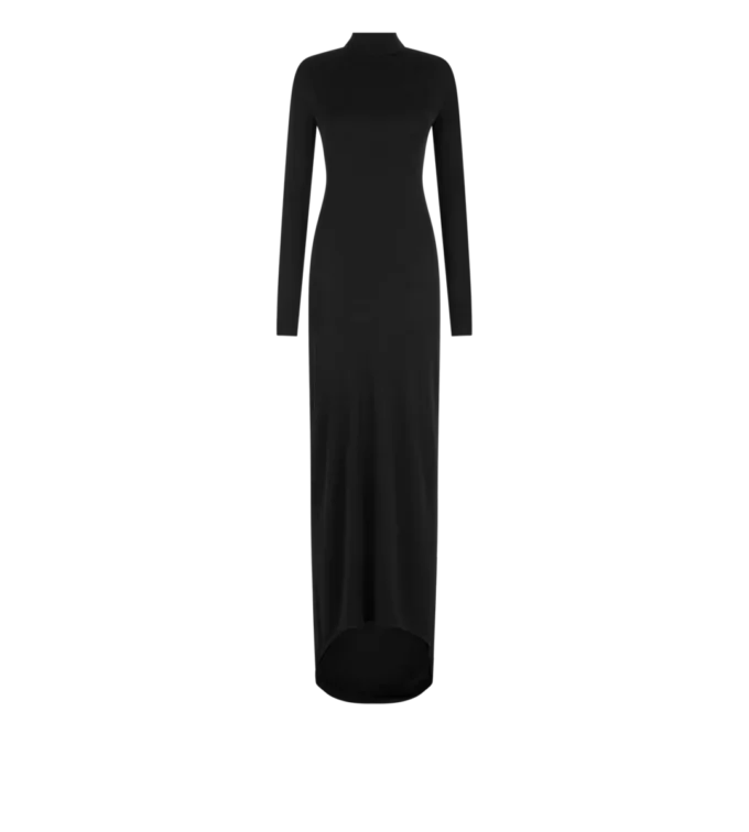 Langärmeliges asymmetrisches Abendkleid mit gedrehtem Rücken Langärmeliges asymmetrisches Abendkleid mit gedrehtem Rücken