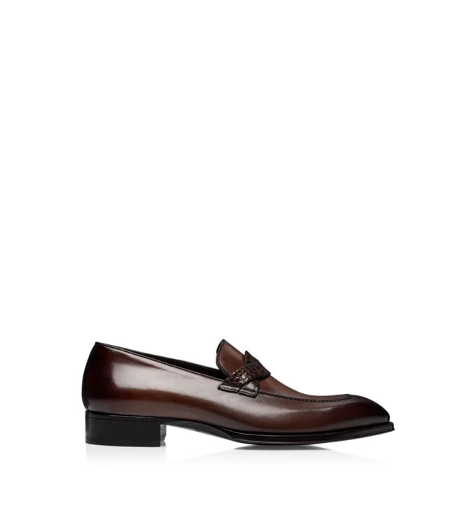 Loafer aus poliertem Leder und Alligatorleder mit gedrehtem Band Loafer aus poliertem Leder und Alligatorleder mit gedrehtem Band