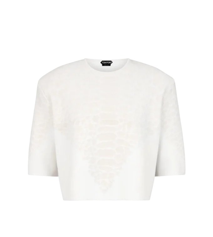 Merino-Kaschmir-T-Shirt mit Rundhalsausschnitt und Python-Detail aus Seidenchenille Merino-Kaschmir-T-Shirt mit Rundhalsausschnitt und Python-Detail aus Seidenchenille