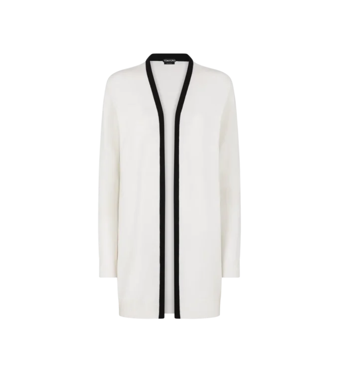 Mittellanger offener Cardigan aus Merino-Piqué mit Satinbesatz Mittellanger offener Cardigan aus Merino-Piqué mit Satinbesatz