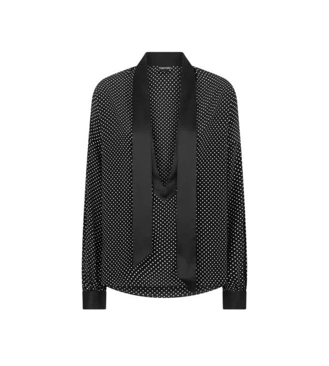 Polka Dot Seiden-Crêpe-de-Chine-Lavallière-Tunika-Oberteil mit Smoking-Details