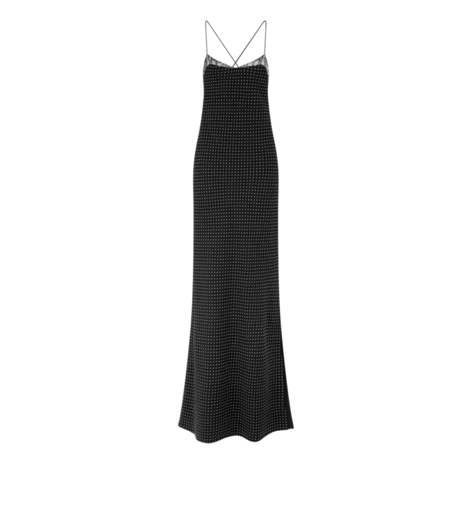 Polka Dot Seidenkrepp-Camisole-Abendkleid mit Spitzendetails