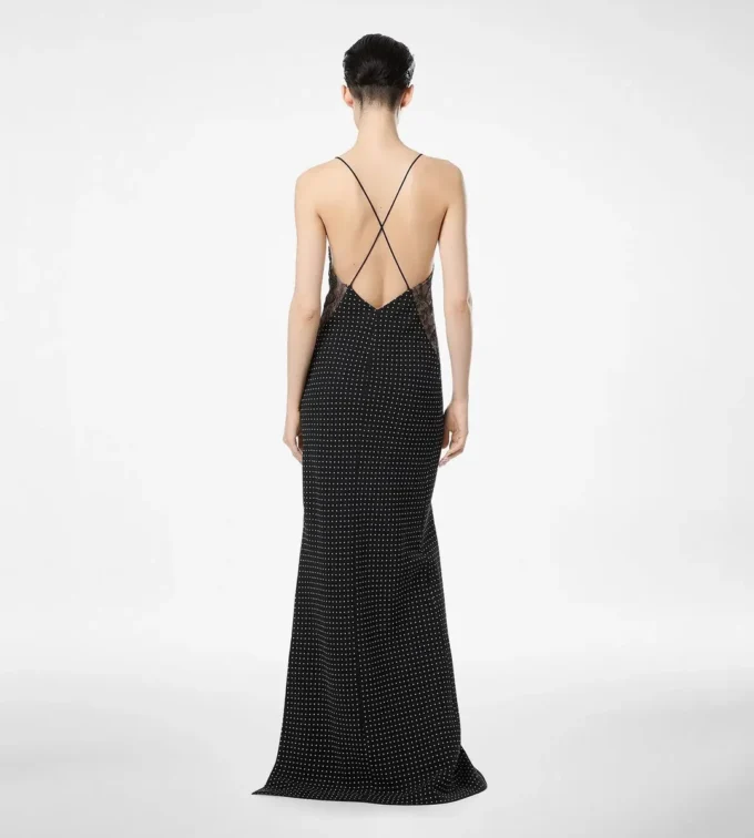 Polka Dot Seidenkrepp-Camisole-Abendkleid mit Spitzendetails