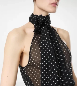 Polka Dot Silk Georgette Halterneck Lavalliere Top mit Plisse-Detail