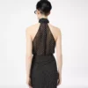 Polka Dot Silk Georgette Halterneck Lavalliere Top mit Plisse-Detail
