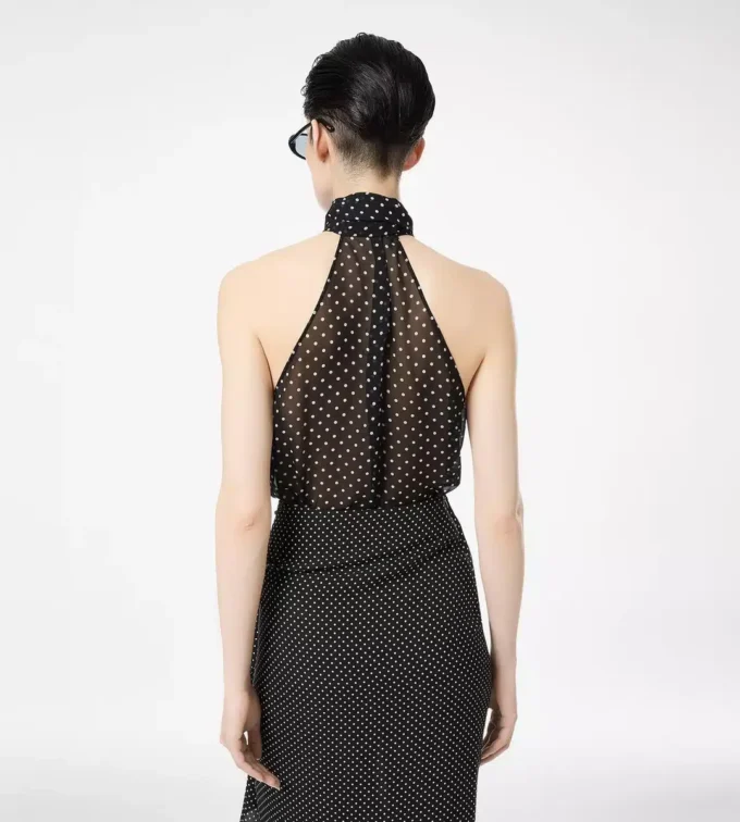 Polka Dot Silk Georgette Halterneck Lavalliere Top mit Plisse-Detail