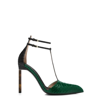Pumps mit T-Riemen aus bedrucktem Pythonleder
