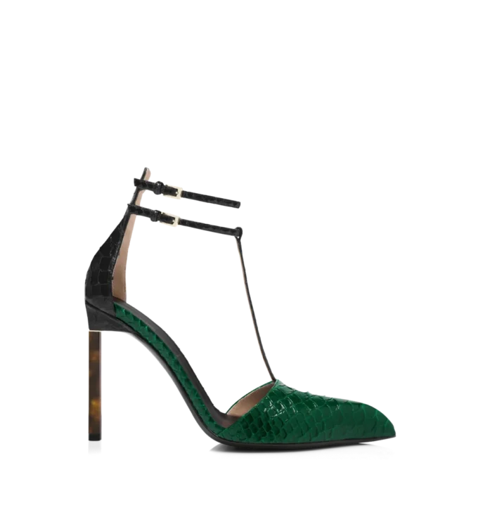 Pumps mit T-Riemen aus bedrucktem Pythonleder Pumps mit T-Riemen aus bedrucktem Pythonleder