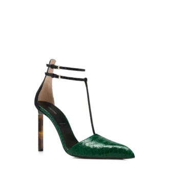 Pumps mit T-Riemen aus bedrucktem Pythonleder