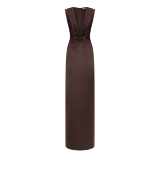 Ärmelloses Seiden-Abendkleid mit tiefem V-Ausschnitt und gedrehter Vorderseite