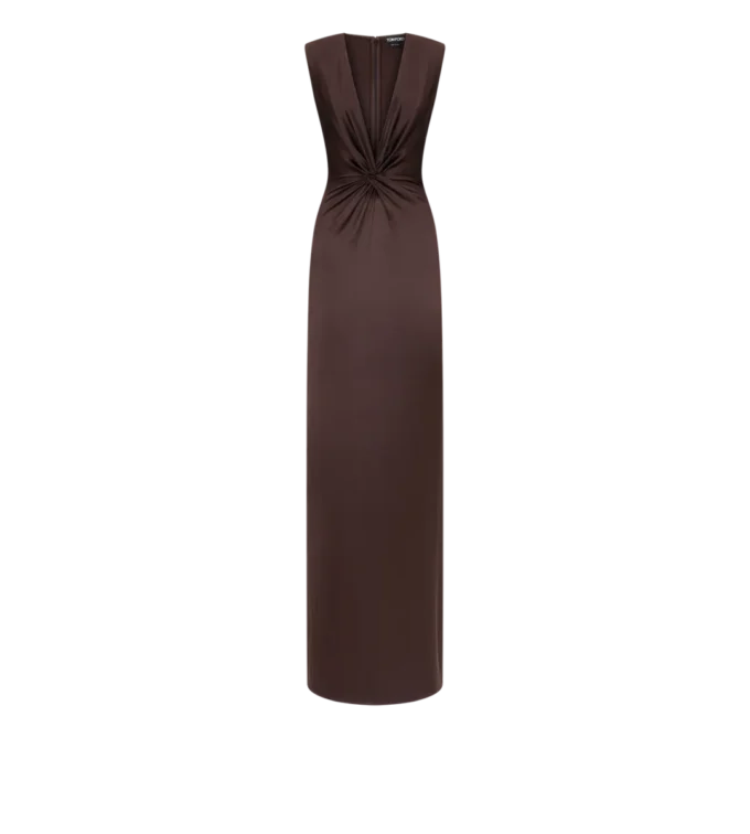 Ärmelloses Seiden-Abendkleid mit tiefem V-Ausschnitt und gedrehter Vorderseite Ärmelloses Seiden-Abendkleid mit tiefem V-Ausschnitt und gedrehter Vorderseite