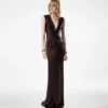 Ärmelloses Seiden-Abendkleid mit tiefem V-Ausschnitt und gedrehter Vorderseite Ärmelloses Seiden-Abendkleid mit tiefem V-Ausschnitt und gedrehter Vorderseite