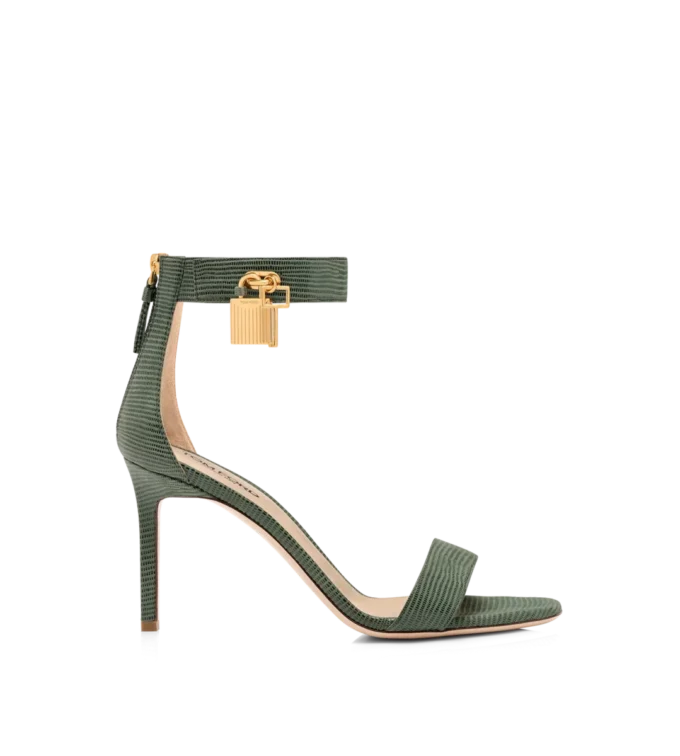 Sandale mit Padlock-Verschluss aus Wildleder mit Eidechsenoptik Sandale mit Padlock-Verschluss aus Wildleder mit Eidechsenoptik