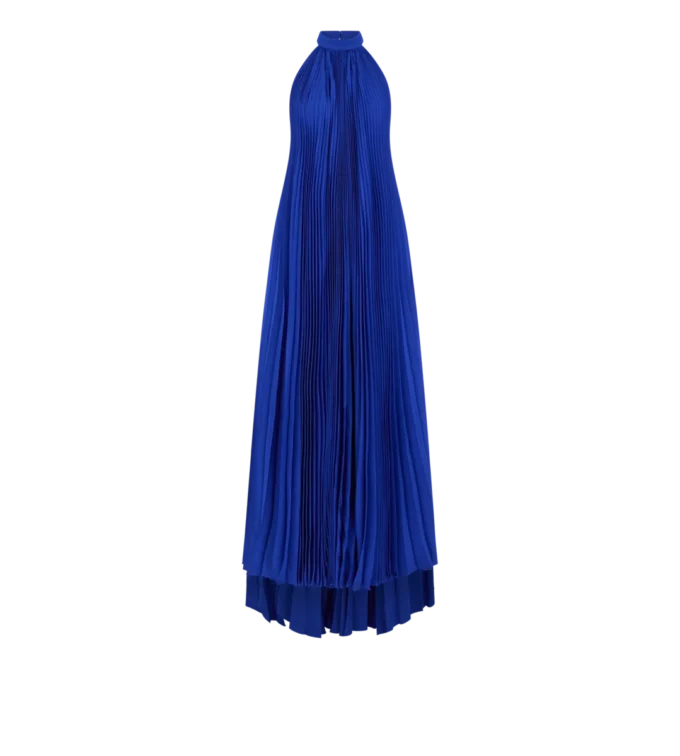 Seiden-Halterneck-Abendkleid mit Sunray-Plissee