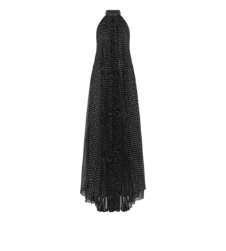 Seiden-Halterneck-Abendkleid mit Sunray-Plissee und Lederdetails