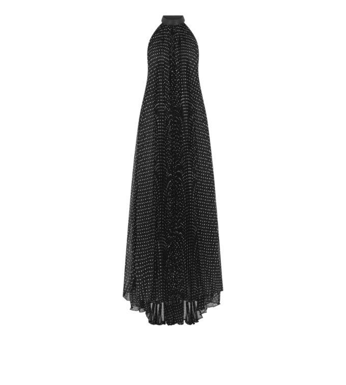 Seiden-Halterneck-Abendkleid mit Sunray-Plissee und Lederdetails Seiden-Halterneck-Abendkleid mit Sunray-Plissee und Lederdetails